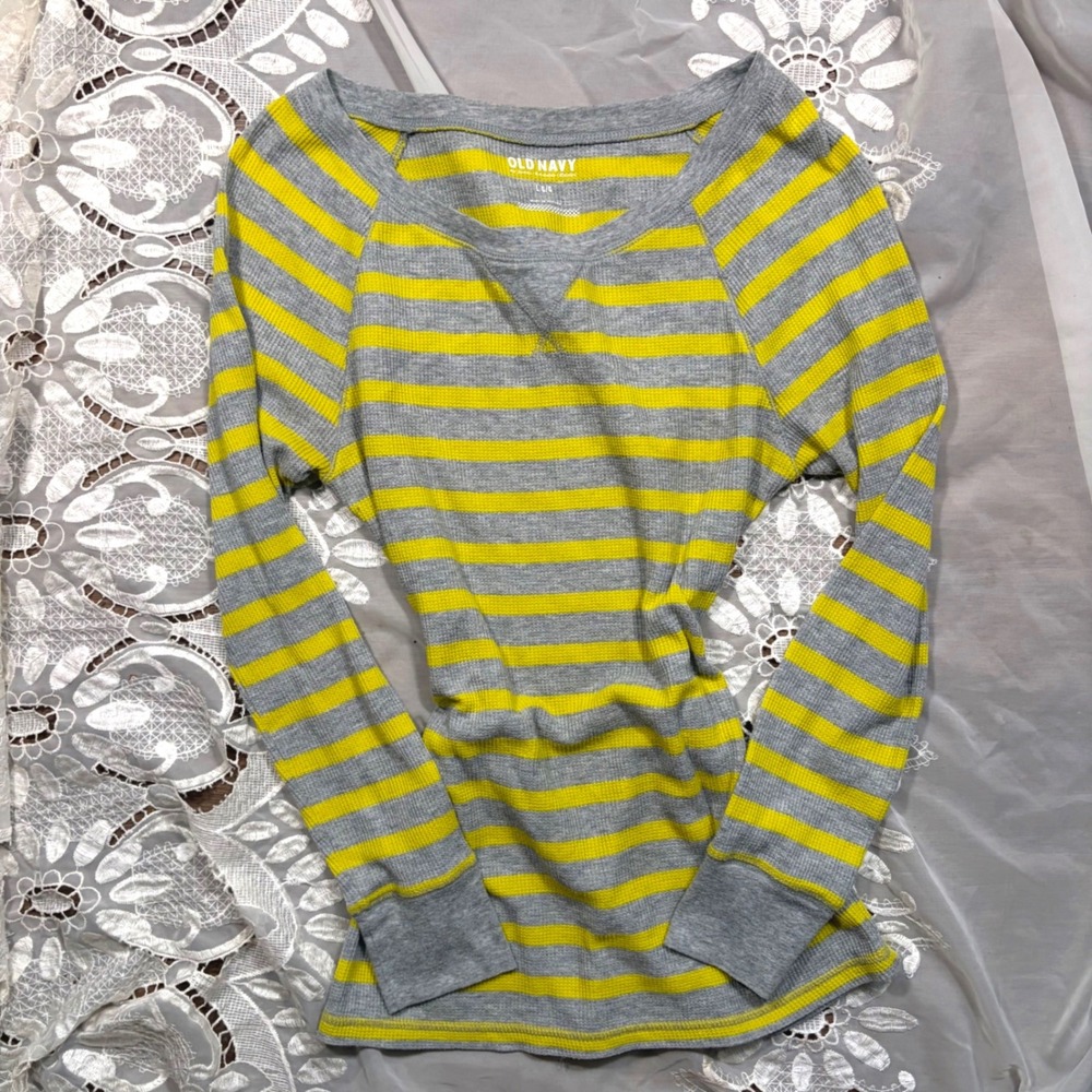 Y2K Grunge Gray Yellow Striped Waffle Knit Thermal Long Sleeve Shirt Large